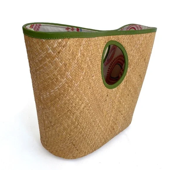 PUTU by J MacLear Natural Straw Bag Beach Tote Round Handle Green Trim Lined - Picture 2 of 11